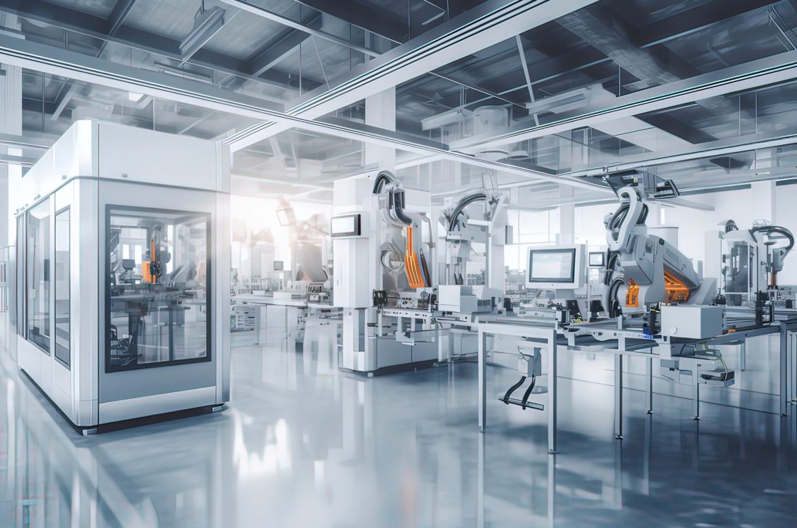 Intelligent factory production line. AI technology generated image