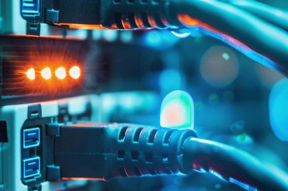 Network panel, switch, and detailed cable arrangement in data center room for optimal setup