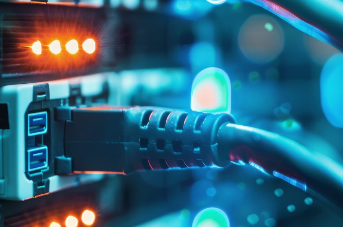 Network panel, switch, and detailed cable arrangement in data center room for optimal setup