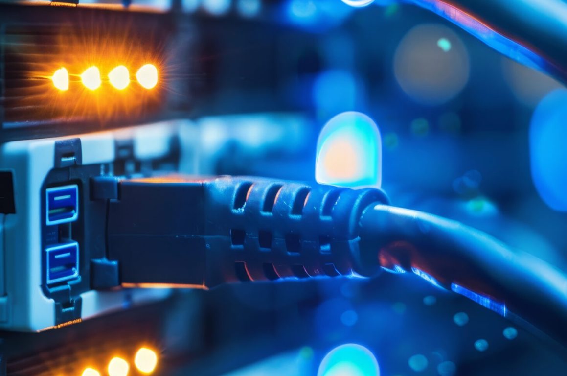 Network panel, switch, and detailed cable arrangement in data center room for optimal setup